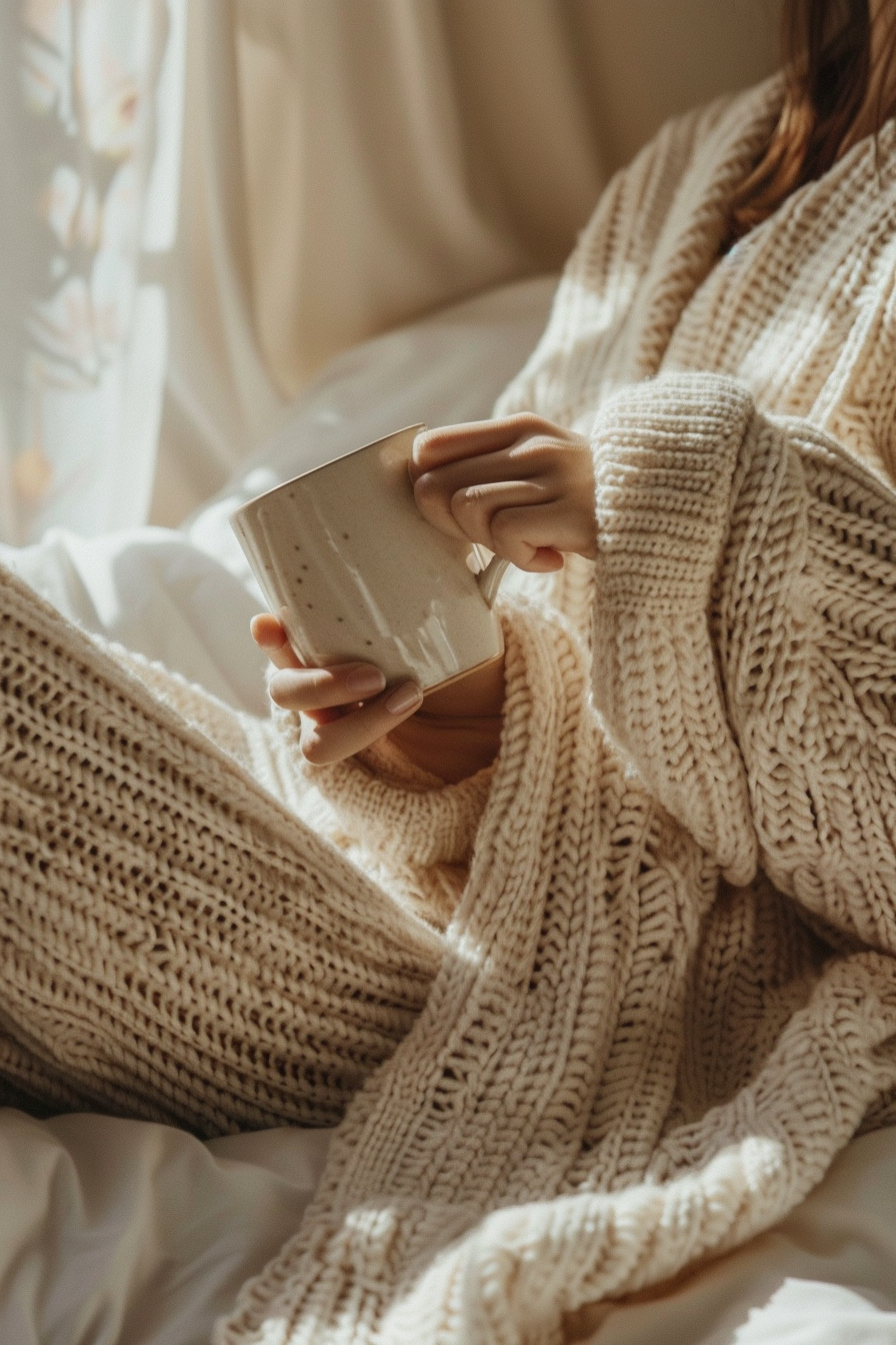 soft feminine lifestyle, woman in cozy knitwear holding a cup, warm natural light, calm and relaxed mood, quiet morning at home