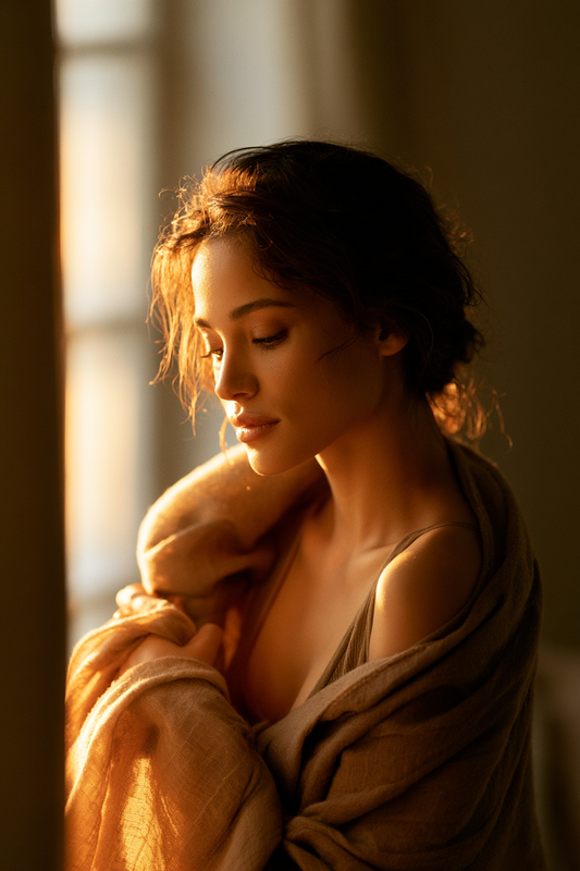 soft self-love atmosphere, woman wrapped in warm fabric by window light, calm and gentle mood, quiet moment of softness and comfort