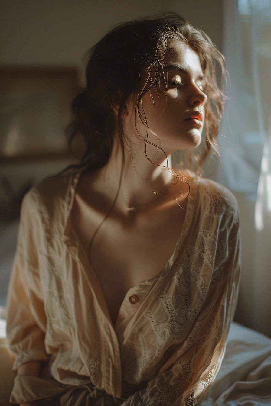 soft feminine aesthetic outfit, woman wearing lace detailed top, natural light, romantic mood, cozy indoor setting