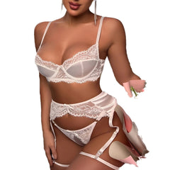 Whisper White – Lace Cut-Out Garter & Bra 4-Piece Set [F5180]
