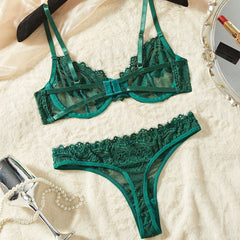 Meadow Mist – Ultra-Thin Sheer Green Lace Bra Set [XH820]