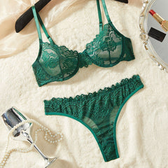 Meadow Mist – Ultra-Thin Sheer Green Lace Bra Set [XH820]