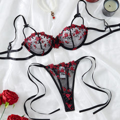 Noir Bloom – Black Embroidered Lace Underwire Set [XH851]