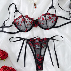 Noir Bloom – Black Embroidered Lace Underwire Set [XH851]
