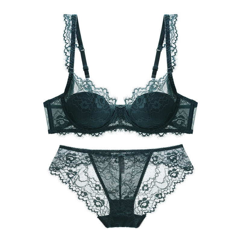 Cotton Lace Comfort – Breathable Gathered Bra Set in Green (Plus Size) [9228]