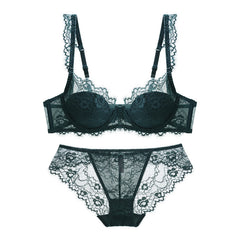 Cotton Lace Comfort – Breathable Gathered Bra Set in Green (Plus Size) [9228]