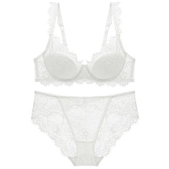 Cotton Lace Comfort – Breathable Gathered Bra Set in Green (Plus Size) [9228]