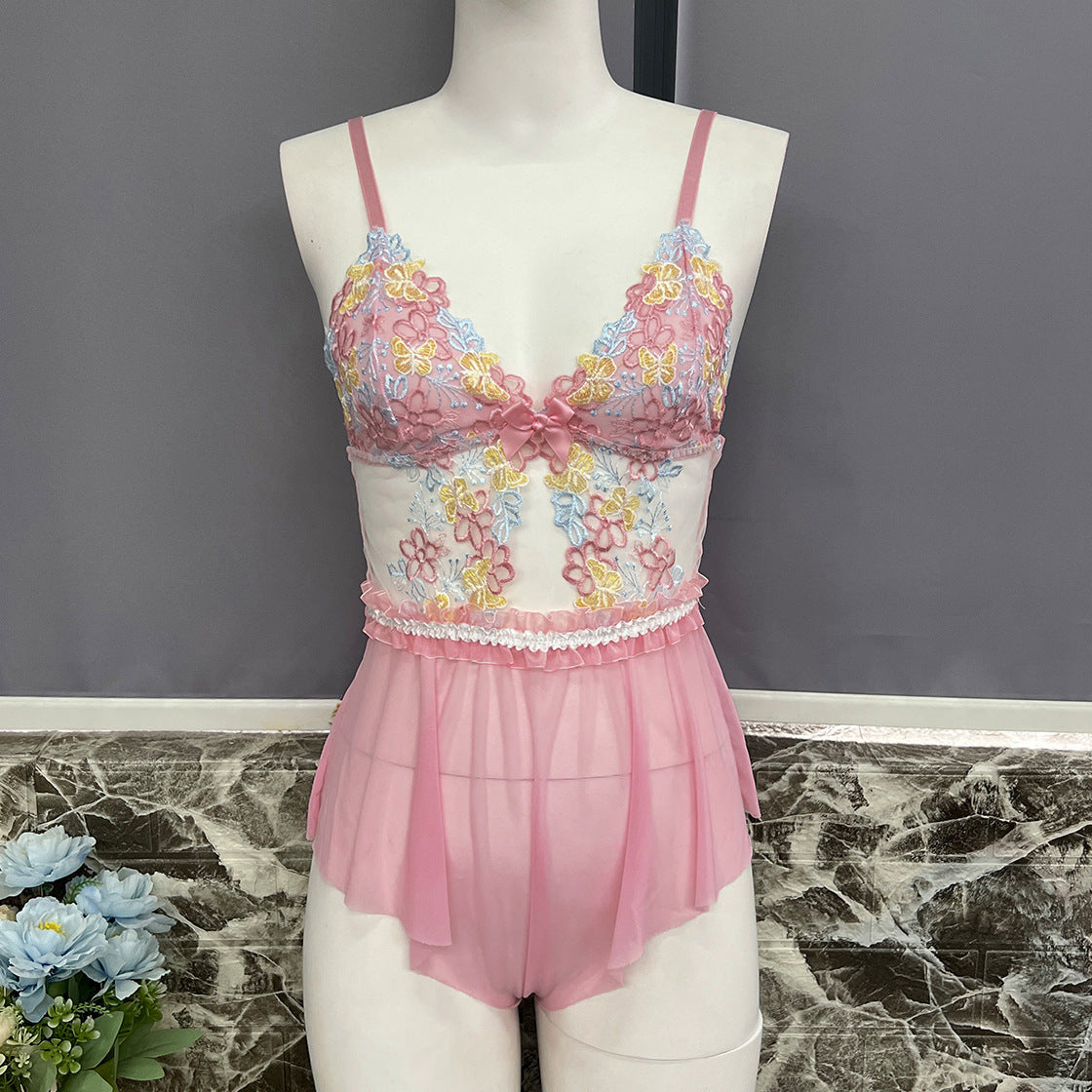 Pink Bloom – Embroidered Babydoll Lingerie [10401]