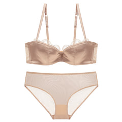 Velvet Dusk – Satin Deep V Lace Bandeau Bra Set [W268]