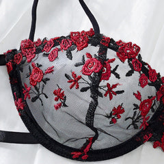 Noir Bloom – Black Embroidered Lace Underwire Set [XH851]
